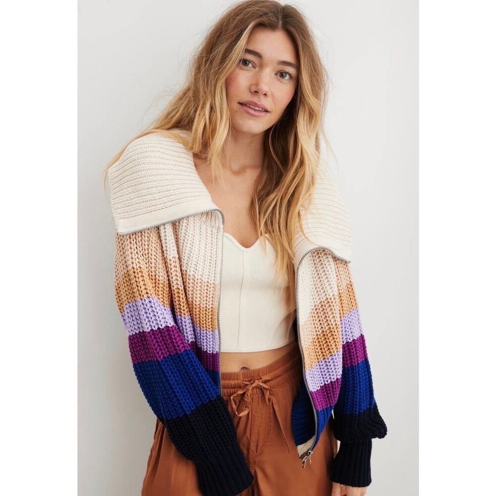 Aerie Double Zip Colorful Stripe Chunky Knit Oversized Sweater - S 100% Cotton - Picture 2 of 4